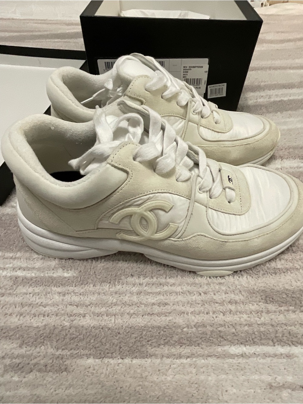 Chanel CC Off White Fabric Sneaker w Box SZ 38.5